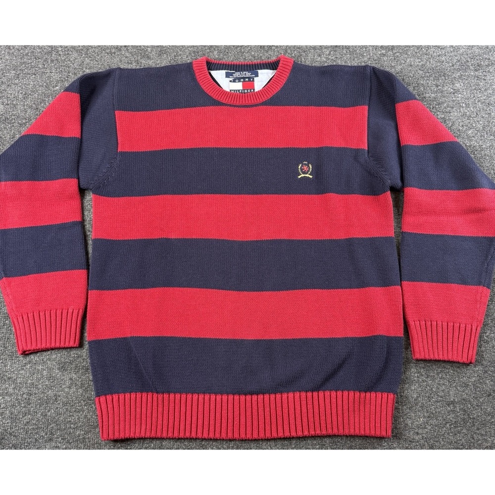Tommy Hilfiger Striped Chunky Rugby Crew Neck Men's Y2K Red Sweater L